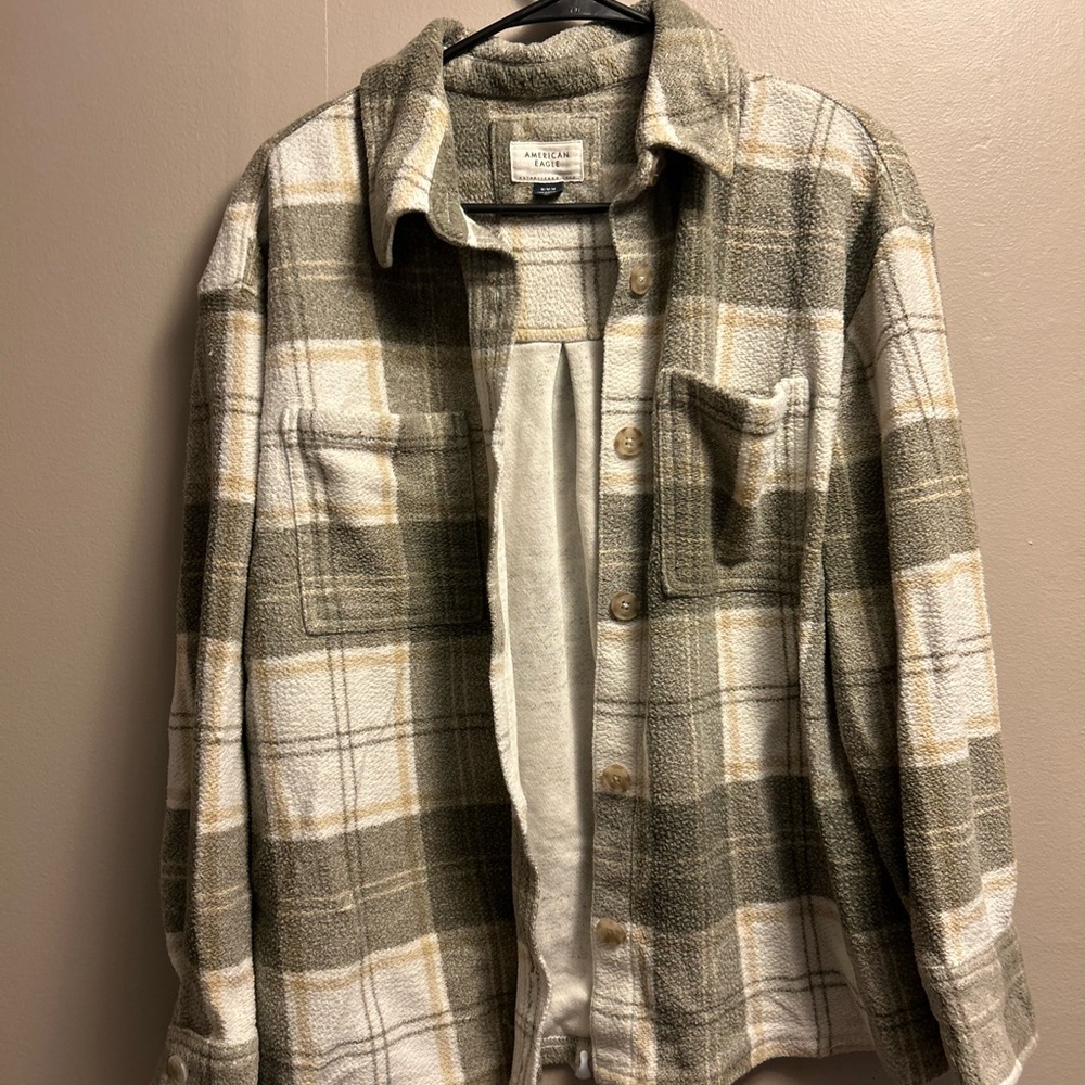 American Eagle Outfitters Women’s Checkered Shirt Jacket - Olive and Cream
